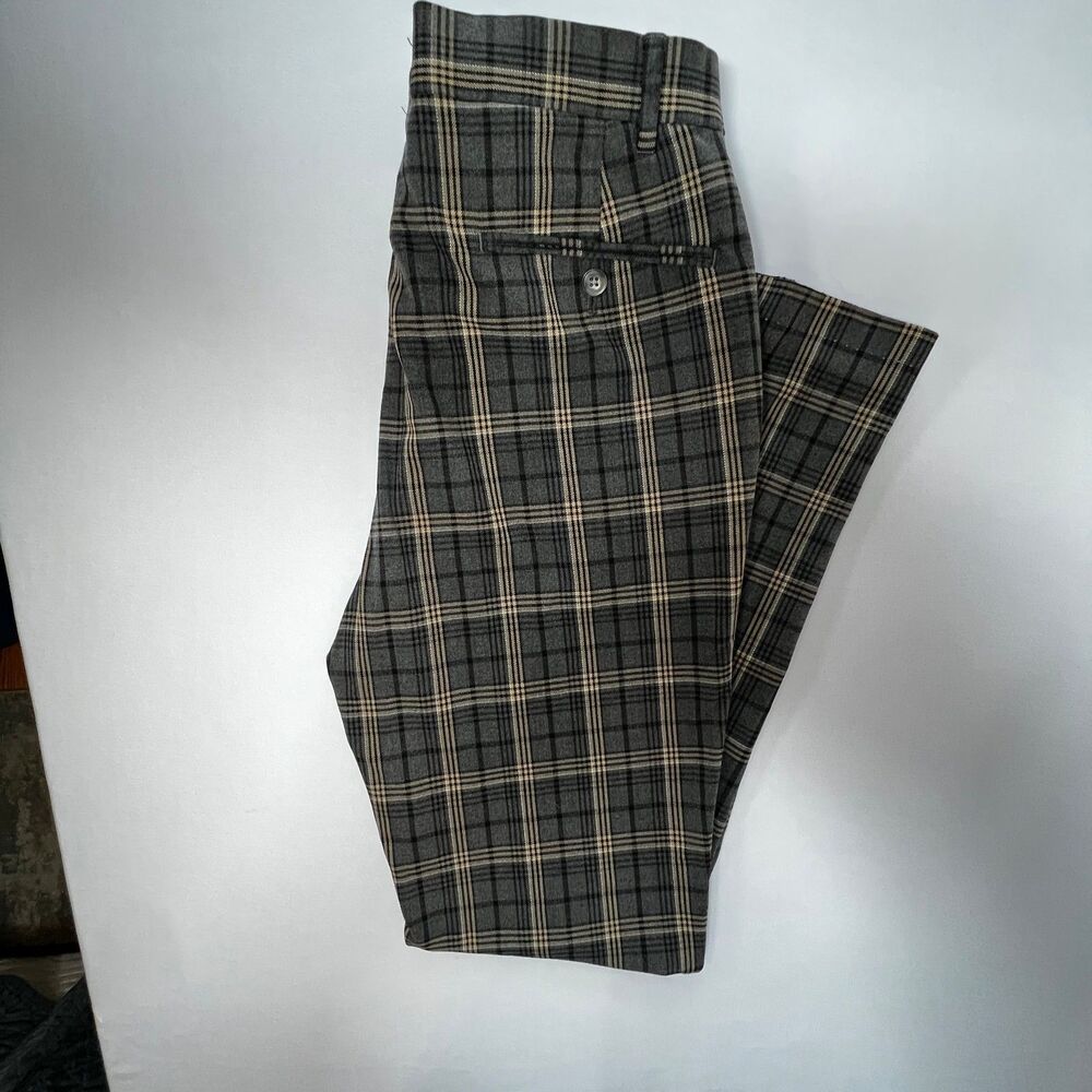 ASOS Men Grey Beige Plaid Check Trousers Ankle Dress Pants